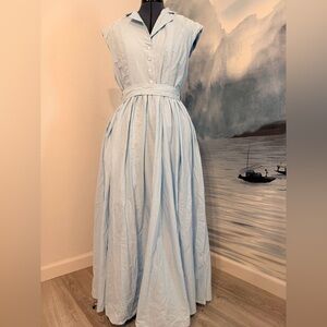 Light Blue Sleeveless Button Front Maxi Dress with Waist Tie #517